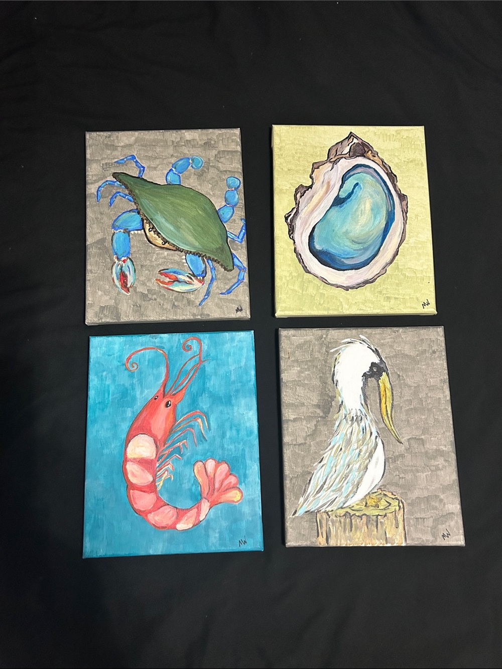 Original Coastal Sea Life Canvas Art Set - Includes four 8x10 paintings